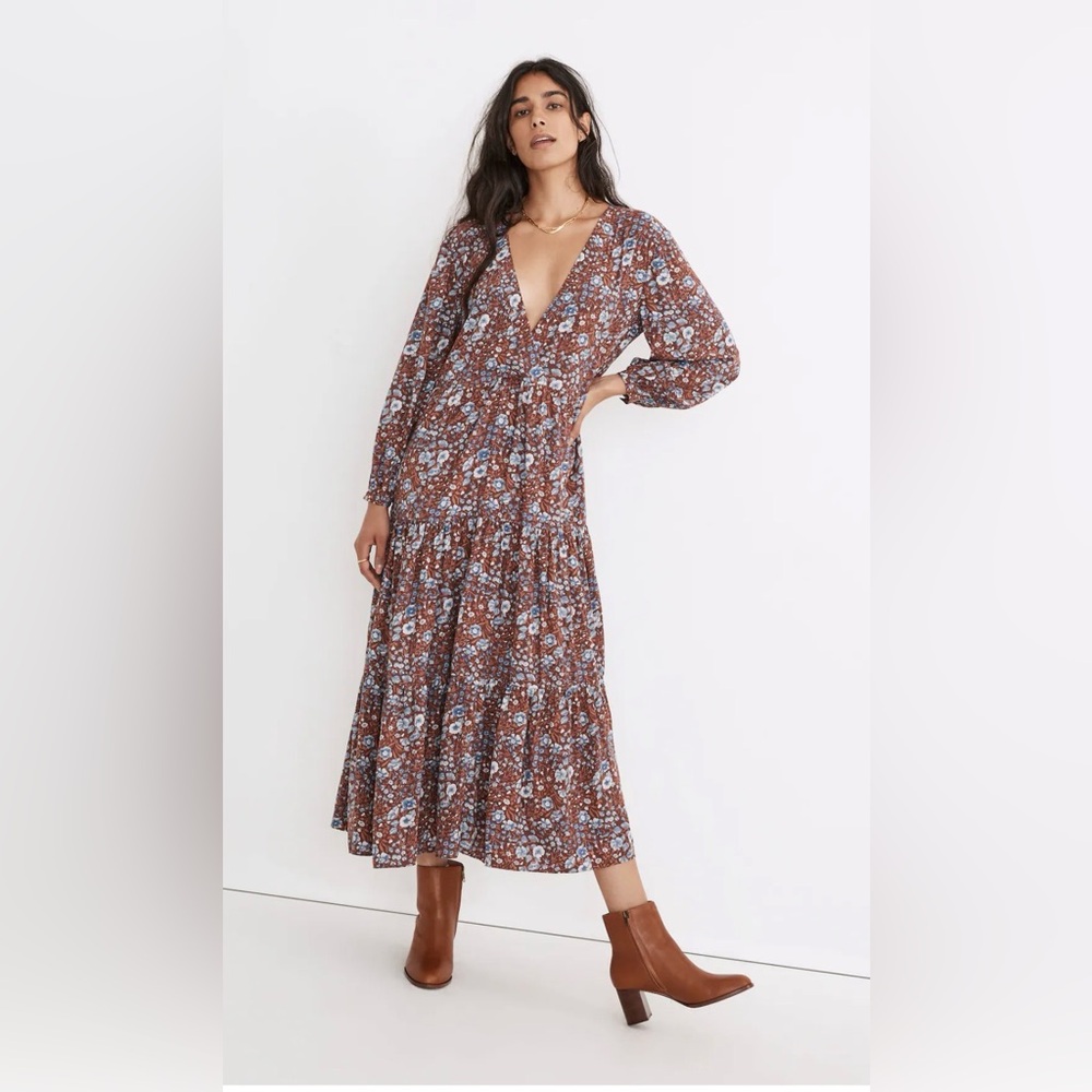 Madewell Woodland Floral V-Neck Tiered Midi Dress